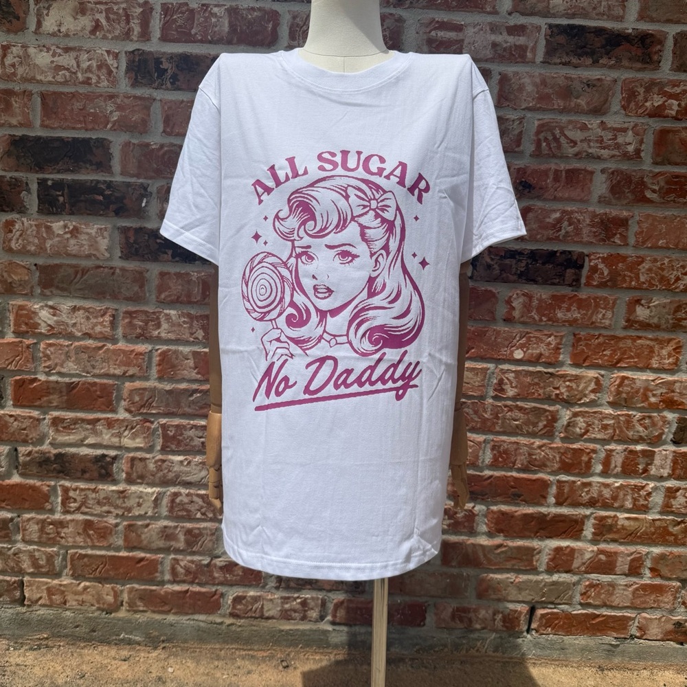 NWOT “All Sugar No Daddy” Retro Barbiecore White and Pink T Shirt /Avail in L - Picture 4 of 11